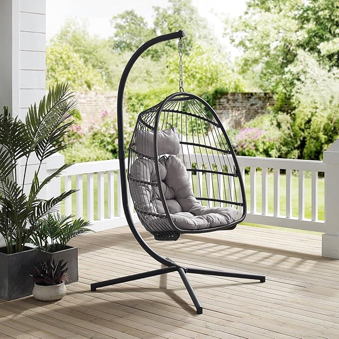 PRIVATE GARDEN Indoor Outdoor Hanging Egg Chair Wicker Hammock Swing Chairs UV Resistant Cushion Folding Aluminum Basket Frame for Bedroom Balcony Patio 330lbs Capacity