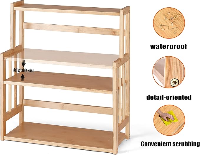 Bamboo Spice Rack Kitchen Countertop Organizer Storage Shelves-3 tier Standing Pantry Shelf with Adjustable Shelf
