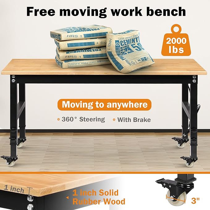 60" Adjustable Workbench for Garage, Rubber Wood Heavy Duty Workstation with Power Outlets & Wheels, 2000 LBS Load Capacity Hardwood Worktable for Workshop, Garage, Office, Home, Commercial