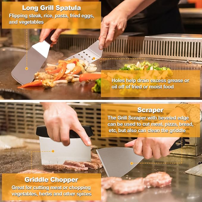 Griddle Accessories Kit, 28 PCS Flat Top Grill Accessories for Blackstone and Camp Chef, Metal Spatula Set with Burger Press, Melting Dome, Tongs, Scraper, Carry Bag for Outdoor Grilling BBQ