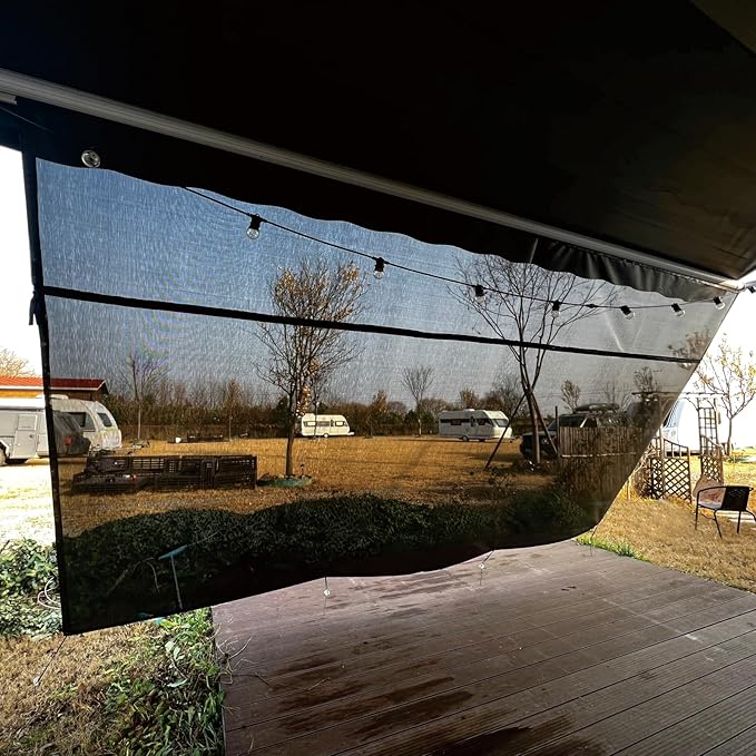 RV Awning Sun Shade Screen 8'x16'3''(Fit for 17' Awning),Black Mesh Shade Screen with Zipper,Universal Trailer Camper Awning Screen with Complete Kits,Improves Shadow and Privacy.