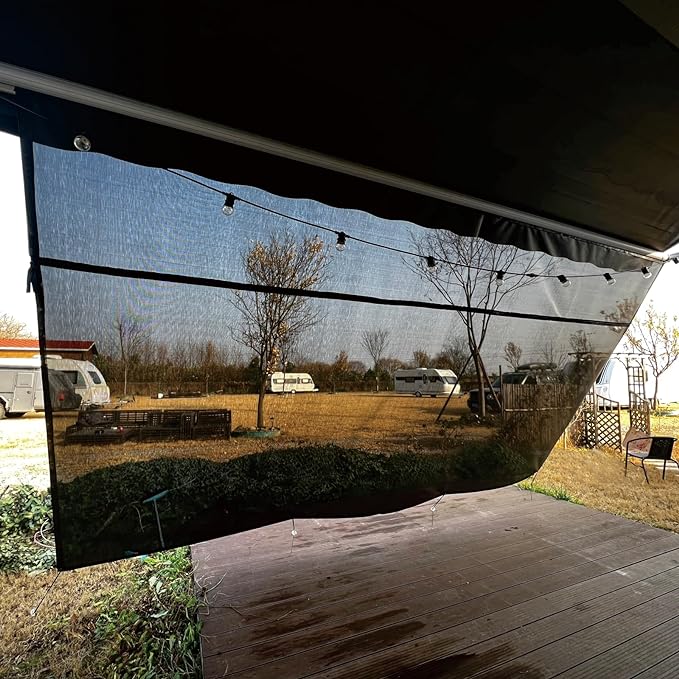 RV Awning Sun Shade Screen 8'x14'3''(Fit for 15' Awning),Black Mesh Shade Screen with Zipper,Universal Trailer Camper Awning Screen with Complete Kits,Improves Shadow and Privacy.