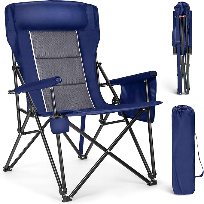ALPHA CAMP Oversized Folding Camping Chairs High Backrest Heavy Duty Lawn Chairs for Adults Support 500 LBS Portable Camp Chairs with Cup Holders Large Side Pocket for Outdoor