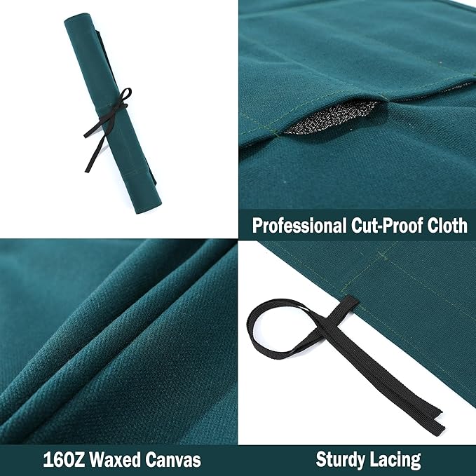 Kaaltisy Chef Knife Roll Bag, Heavy Duty 16oz Waxed Canvas Knife Storage Case, Knife Carrier Roll with Cut Resistant Fabric, 5 Slots Knife Bag with Tie Rope - Dark Green