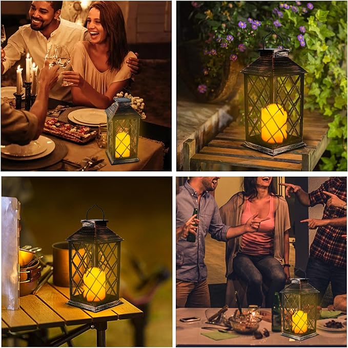 13'' Outdoor Solar Hanging Lantern Lights, Waterproof Flickering Flameless Candle Hollowed-Out Metal Decor Lantern, Garden Decoration for Patio Yard, Gifts for Mom, Brown