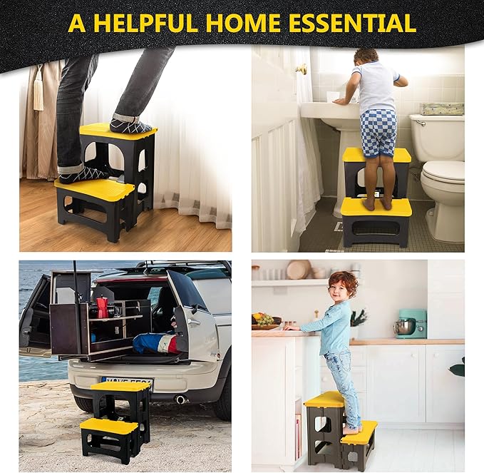 Folding 2-Step Stool, Non-Slip Portable Footstool 8" & 17" Dual Heights, Holds 250 lbs, Portable Footstool for Kitchen Home Toilet Bedroom Office Bathroom RV(Yellow)