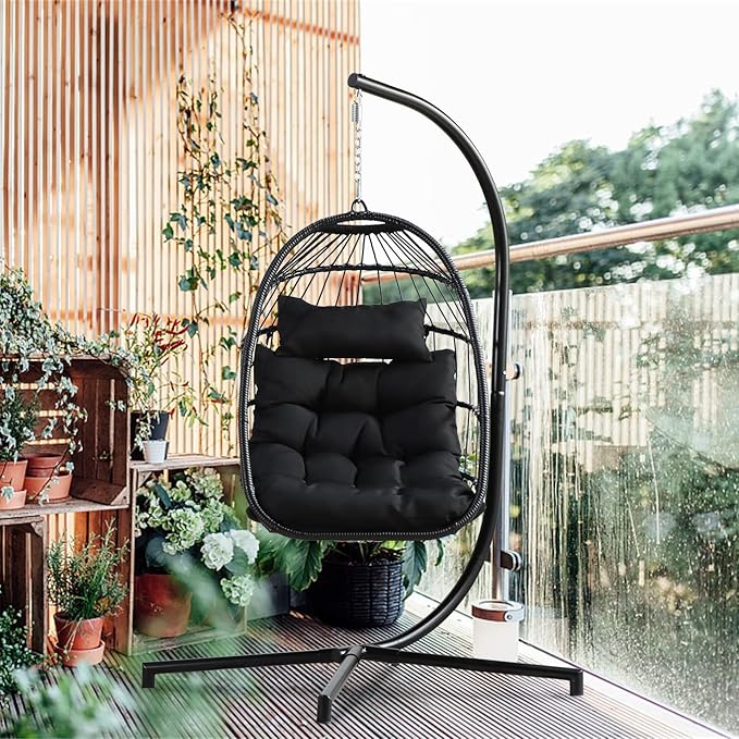 PRIVATE GARDEN Indoor Outdoor Patio Hanging Egg Chair Wicker Swing Hammock Chairs UV Resistant Cushion Folding Aluminum Frame 330lbs Capacity for Patio Bedroom Balcony (Black)