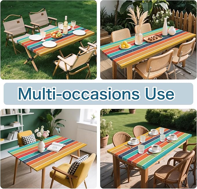 Colorful Picnic Table Cover with Bench Covers, 3 Pcs Waterproof Elastic Picnic Table Cover Outdoor Camping Essentials, Windproof Fitted Tablecloth for Camping, Indoor, Outdoor (Striped, 60X30 Inch)