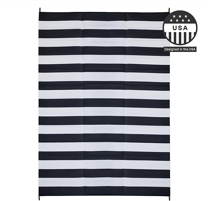 FH Home Outdoor Camping Rug - Waterproof, Fade Resistant, Reversible - Premium Recycled Plastic - Striped - Patio, Deck, Sunroom, RV - Brittany Stripe - Black & White - 5 x 8 ft Foldable