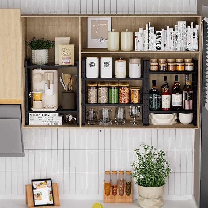 Expandable Spice Rack, Stackable Metal Pantry Storage Shelves Stand, Adjustable Height Cabinet Shelf Organizer Racks(3PACKS/BLACK,MEDIUM)