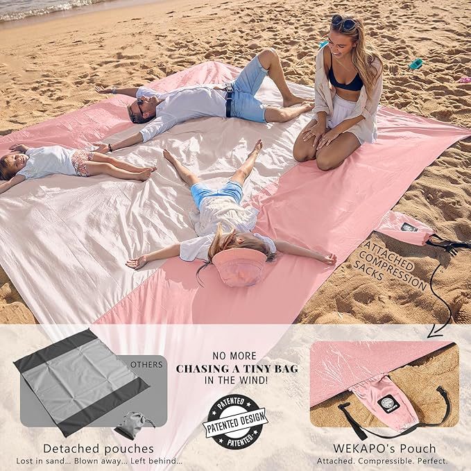 WEKAPO Beach Blanket Sandproof Waterproof, Extra Large Beach Mat, Oversized & Compact Sand Free Mat Quick Drying, Lightweight & Durable with 6 Stakes & 4 Corner Pockets