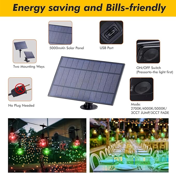 Auroraworld RGB Solar String Lights, 144FT Patio Lights， Commercial String Lights for Garden
