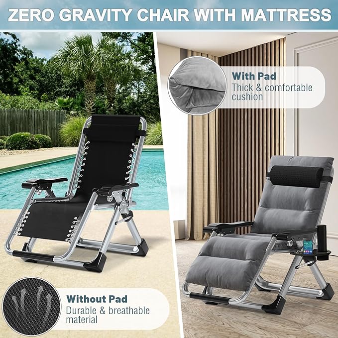ABORON Zero Gravity Chair,Premium Outdoor Lawn Folding Lounge Chairs,Sturdy Adjustable Reclining Patio Chairs with Removable Cushion,Headrest & Tray