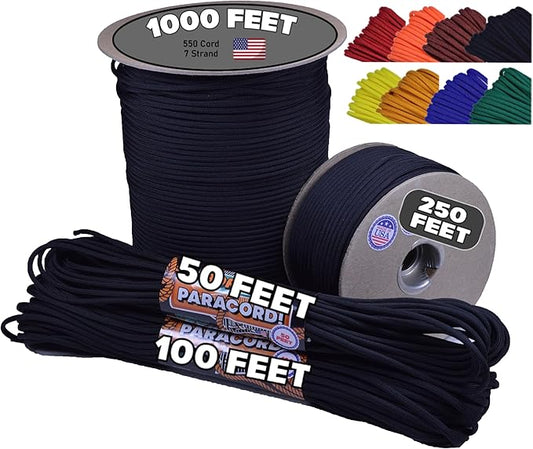 BORED? PARACORD! 550 lb Paracord - Ideal for Crafting, Camping, DIY Projects, Active & Military Outdoors - Strong Survival Rope - Tactical Parachute Cord Type III - Black 250 Feet