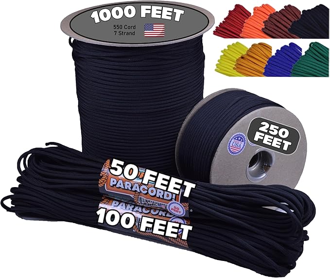 BORED? PARACORD! 550 lb Paracord - Ideal for Crafting, Camping, DIY Projects, Active & Military Outdoors - Strong Survival Rope - Tactical Parachute Cord Type III - Black 50 Feet