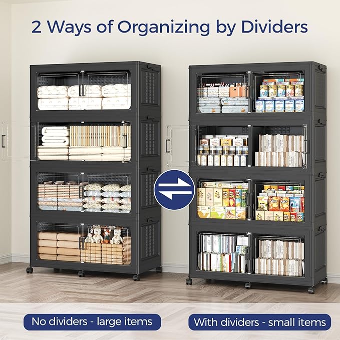 160GAL Extra Large Storage Bins with Lid, 640Qt Stackable Closet Organizers and Drawers, Collapsible Storage Bins with Wheels, Folding Storages Cabinet for Home Bedroom Office, 4Pack Black