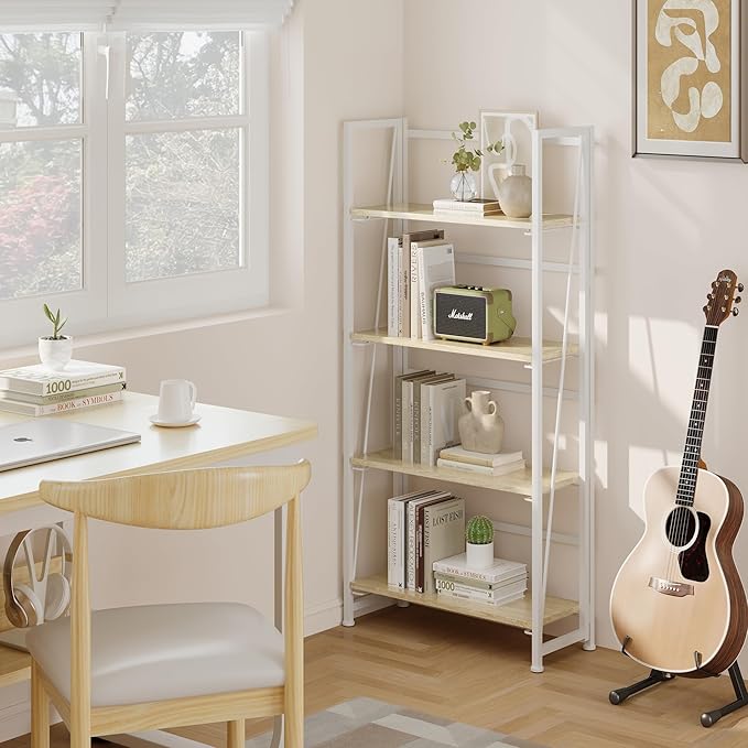 BHG Vintage Multifunctional Bookcase Folding Bookshelf, No-Assembly Plant Stand Storage Rack Shelves for Home Office (White, 4-Tier)