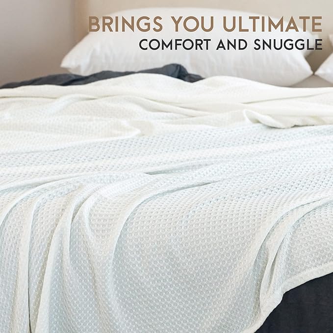 AmyHomie Cooling Waffle Blanket Queen Size, 100% Rayon Derived from Bamboo, Cool Summer Blanket for Hot Sleepers Soft Comfy Lightweight Blankets for All Seasons(White, 90×90in)