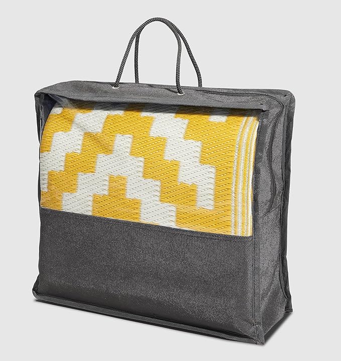 FH Home Outdoor Camping Rug - Waterproof, Fade Resistant, Reversible - Premium Recycled Plastic - Geometric - Picnic, Patio, Deck, Sunroom, RV - Aztec - Yellow & White - 4 x 6 ft Foldable