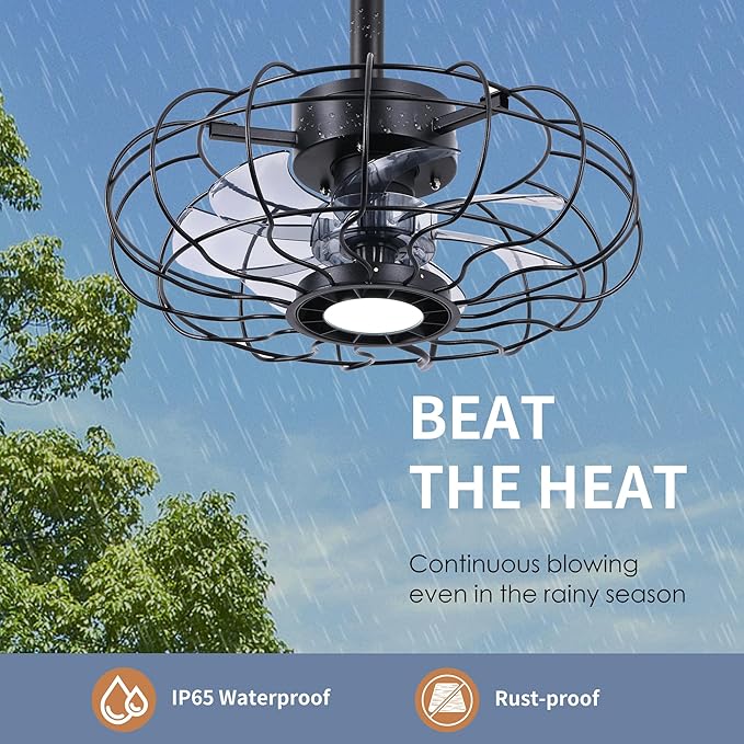 15" Outdoor Ceiling Fans with Lights and Remote,Black Waterproof Gazebo Fan, Plug in Ceiling Fan with 3 Color LED Light, Portable Hanging Gazebo Fans with Plug in Cord Hook for Patios