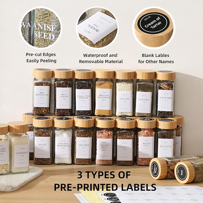 4 oz Glass Spice Jars with Bamboo Lids, Clear Empty Jars with Labels Stickers, Collapsible Funnel, Seasoning Storage Bottles for Spice Racks (24 Pack)