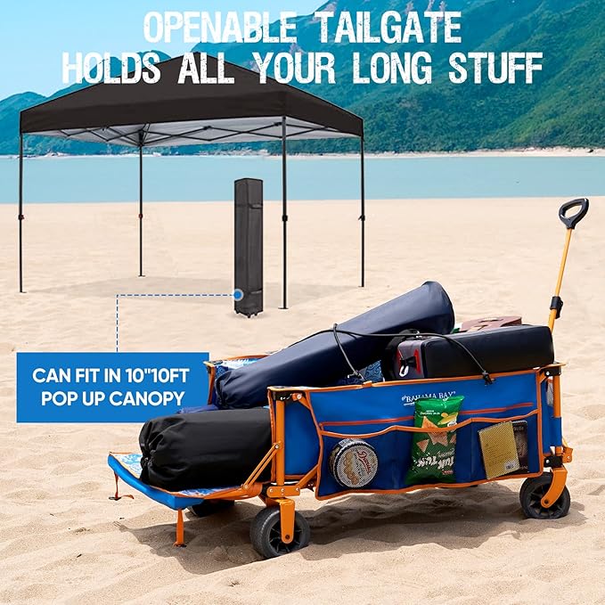 26"W Extra Wide 55"L Extra Long Beach Wagon with Tailgate,Heavy-Duty Utility Cart with 400 lbs Capacity, Compact Fold Design, Ideal for Beach, Camping, Groceries, and Outdoor Adventures