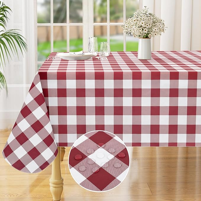 misaya Rectangle Waterproof Vinyl Table Cloth, Buffalo Flannel Backed Tablecloth, Wipeable Plastic Table Cover for Dinner, Kitchen, Outdoor (54" x 78", Burgundy and White)