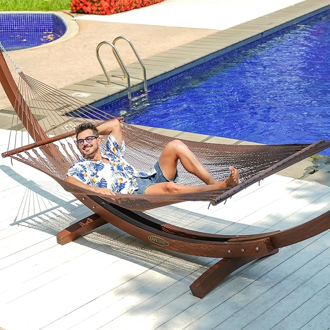 Lazy Daze Hammocks 10.5 FT Double 2 Person Caribbean Rope Hammock, Hand Woven Polyester Hammock with Spreader Bars for Outdoor Backyard Patio Poolside, 450 LBS Capacity, Brown