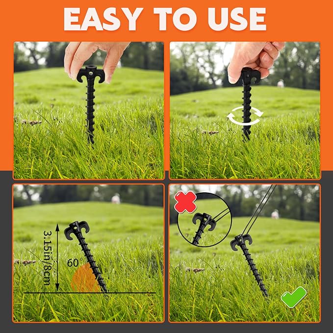 AUGSUN 8 Pack Plastic Tent Stakes Heavy Duty, Black Sand Stakes for Beach 7.5 Inch Screw in Tent Stakes Spiral Ground Anchors Tent Pegs Canopy Stakes for Inflatables Outdoor Camping Hiking Garden Lawn