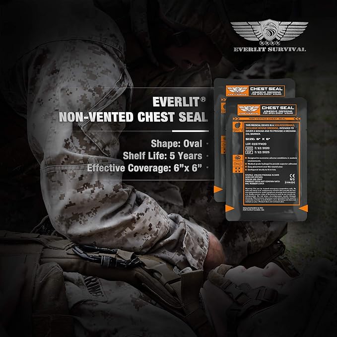 EVERLIT Occlusive Chest Seal Non-Vented Adhesive Dressing for Open Chest Injury and Sucking Chest Wound (2 Count)