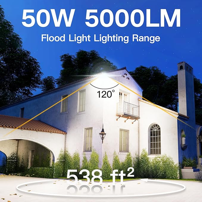 2 Pack LED Flood Lights Outdoor, 50W 5000LM Super Bright Floodlight Outside Work Light with 5.9FT Plug, IP65 Waterproof 6000K Outdoor LED Flood Light for Garage, Yard, Lawn, Garden