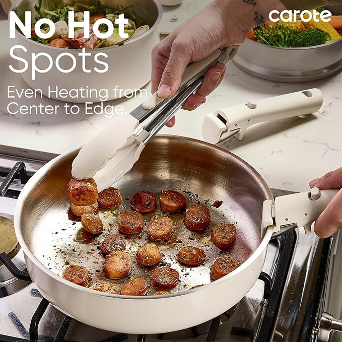 CAROTE 14pcs Pots and Pans Set, Stainless Steel Cookware Set Detachable Handle, Induction Kitchen Cookware Sets with Removable Handle, RV Cookware Set, Oven Safe, Camping Cookware, White