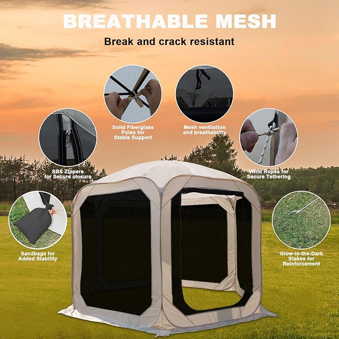 Pop-Up Screen House Tent, 10x10 Feet Outdoor Gazebo with Carry Bag, Stakes, Wind Ropes, Sand Bags, Portable Mosquito Net Canopy with UV Protection & Ventilation for Camping, Patio, Backyard, Garden