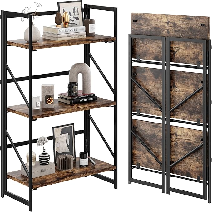 JSB No Assembly Folding Bookshelf, 3 Tier Industrial Metal Book Shelf for Storage, Vintage Wood Foldable Bookcase for Living Room, Bedroom, Office Organization Shelves
