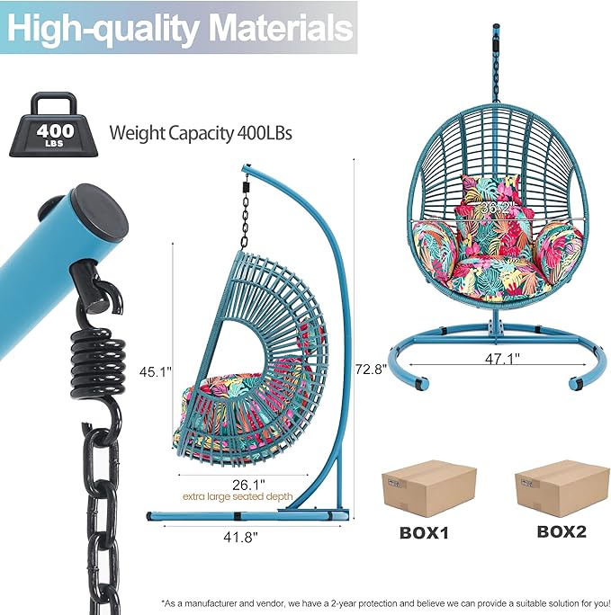 Hanging Egg Chair with Stand - Egg Swing Chair Outdoor Indoor Patio Wicker Chair Swing Hammock Egg Chairs 400lbs Capacity for Outside Patio, Bedroom, Garden and Balcony (Blue-Regular, 1 PC)