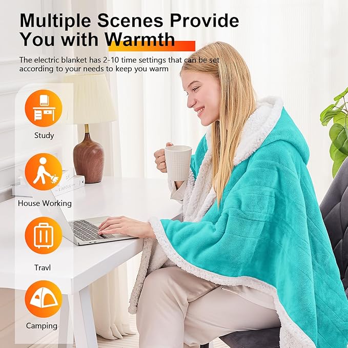 greenoak Wearable Heated Throw Blanket Electric Shawl - Heated Robe Poncho Blanket Hoodie for Adult, Winter Gifts for Mom Women Girlfriend Grandma 5-Position Timer 10-Heating Levels.Turquoise