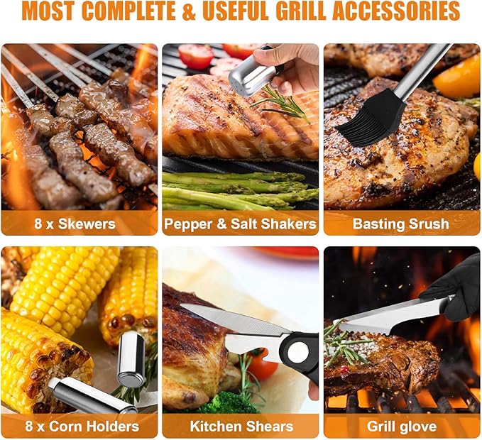 BBQ Grill Accessories Set, 38Pcs Stainless Steel Grill Tools Grilling Accessories with Aluminum Case, Thermometer, Grill Mats for Camping/Backyard Barbecue, Grill Set for Men Women