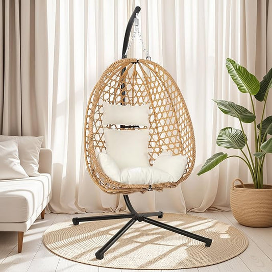 Egg Chair with Stand, Patio Wicker Hanging Chair, Hammock Swing Chair, 350LBS Capacity for Bedroom, Balcony, Garden (YE-BE)