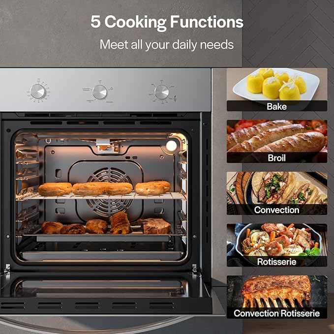 Empava 24 inch Built-In Gas Single Wall Oven with Convection and Rotisserie 5 Cooking Modes, Knob Control, Stainless Steel