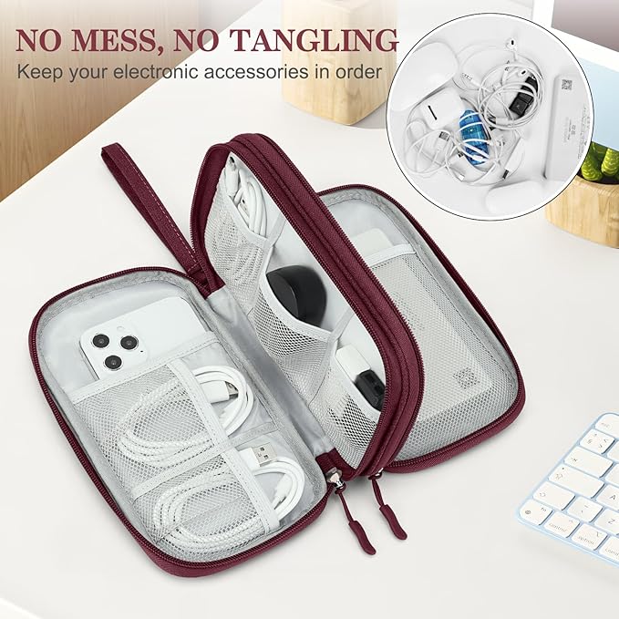 FYY Electronic Organizer, Travel Cable Organizer Bag Pouch Electronic Accessories Carry Case Portable Waterproof Double Layers Storage Bag for Cable, Charger, Phone, Earphone, Medium Size- Wine Red