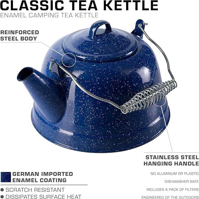 COLETTI Classic Camping Tea Kettle Stovetop — Travel Kettle, Camp Tea Pot for Stove — Chipping-Resistant German-Imported Enamel Coating [Blue Enamel, 9 Cups]