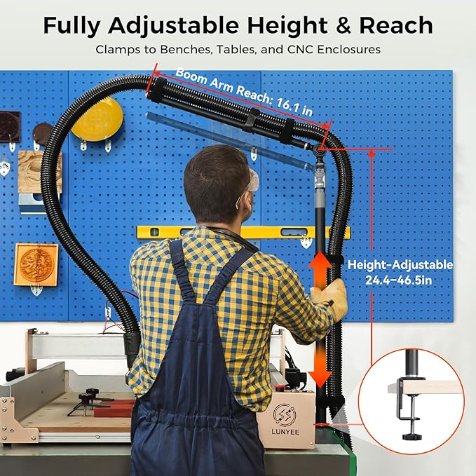Dust Collection Boom Arm for CNC Router – Adjustable Clamp Mount Hose Holder for Desktop CNC Machines – Flexible Support Prevents Hose Sag, Improves Airflow & Keeps Work Area Clear
