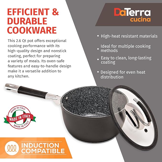 DaTerra Cucina - 2.6 Qt Nonstick Ceramic Saucepan with Lid – Induction Compatible Cooking Pot, Nonstick Ceramic Sauce Pan for Soup, Pasta, Milk, and More, Medium Size for Kitchen, Oven Safe