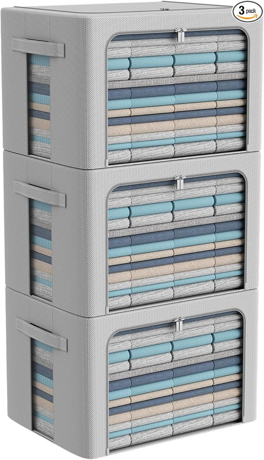 3Pack Frame Storage Box - Clothes Storage Bin Bags Oxford Fabric Foldable Stackable Container Organizer Set with Clear Window & Carry Handles Large Capacity (Grey, Large-66L)
