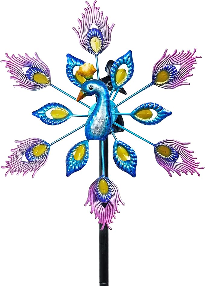 Alpine Corporation SLL2430 Double Layer Peacock Kinetic Wind Spinner Garden Stake, Colorful Statement Garden Décor, 55" H