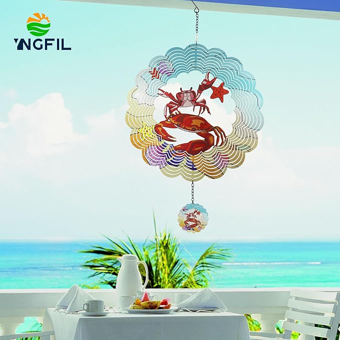 Crab 3D Wind Spinner Kinetic Metal Art Hanging Wind Spinner Outdoor Decoration Ocean Ornaments Decor for Yard and Garden