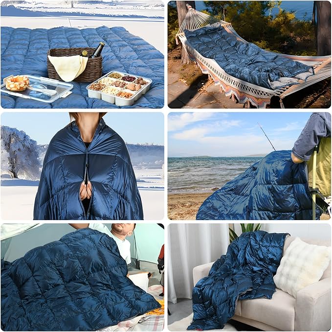 Down Camping Blanket, Muti-Use Outdoor Travel Blanket, Puffy Sleeping Bag Blanket, Waterproof Packable Backpacking Quilt for Camping, Travel, Airplane, Hiking, Picnic, 55''x79''