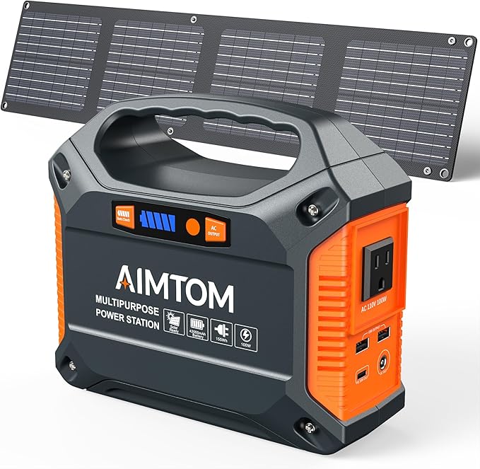 AIMTOM 155Wh Portable Power Station with 30W Solar Panel – 150W Peak/110V AC, 18W USB-C, 2x USB-A & 12V DC – Solar Generator for Camping, Home, RV, Travel & Emergencies