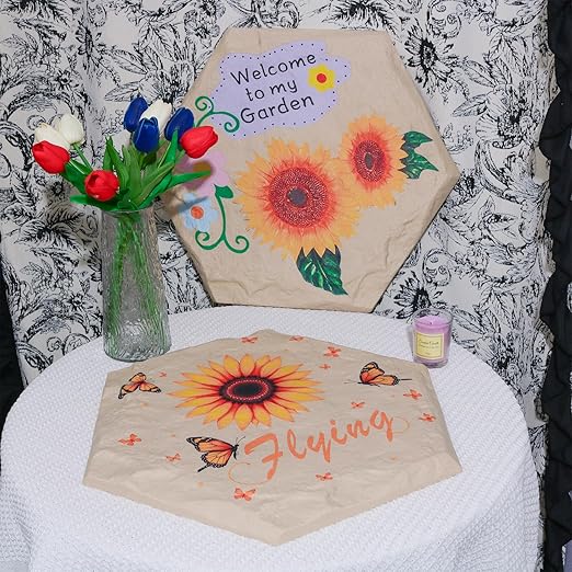 4Pcs Hexagon Sunflower Stepping Stone Outdoor Garden Walkway, Durable Plastic Pavers for Patio, Pathway, and Landscaping, Weatherproof Stepping Stone with Ground Stakes for Easy Installation