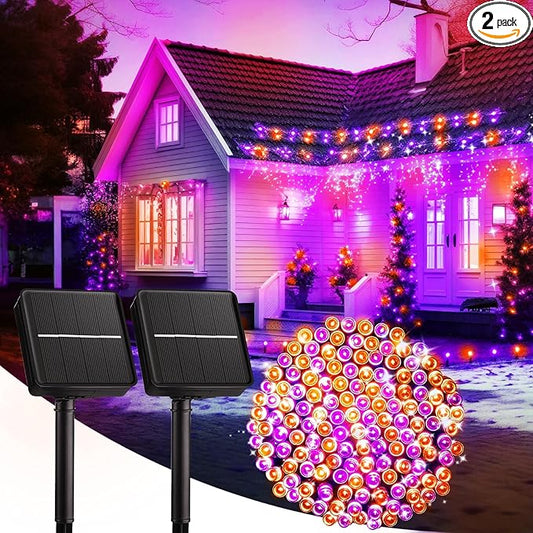 Brightown 2-Pack 400LED 170FT Total Halloween Solar Outdoor Lights IP65 Waterproof Solar Powered Lights with 8 Lighting Modes for Party Garden Yard Home Holiday Tree Decoration Lighting,Orange&Purple
